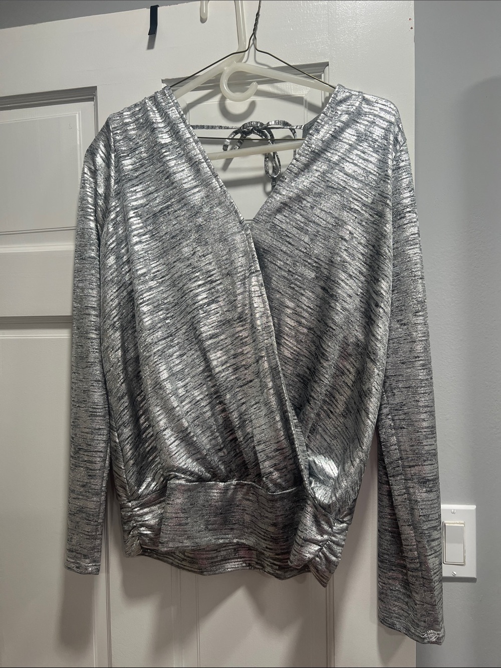 Veronica M Silver Metallic Draped V-Neck Long Sleeve Top